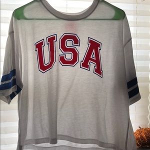 A white USA shirt with blue stripes
